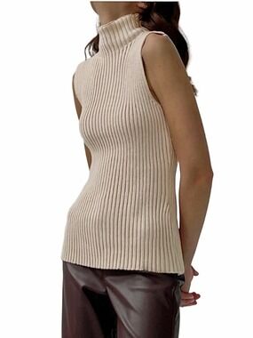 Commense  Minimalist Mock Neck Ribbed cream sleeveless quiet luxury sweater M